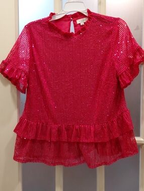 "Andree"Sz. M, Hot Pink Sequin Ruffle Short Sleeve Top. New Condition